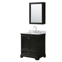 Load image into Gallery viewer, Wyndham Deborah 30 Inch Single Bathroom Vanity in Dark Espresso, White Carrara Marble Countertop, Undermount Square Sink, and Medicine Cabinet- Wyndham