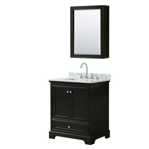 Wyndham Deborah 30 Inch Single Bathroom Vanity in Dark Espresso, White Carrara Marble Countertop, Undermount Square Sink, and Medicine Cabinet- Wyndham
