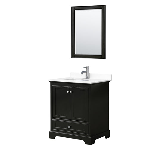 Wyndham Deborah 30 Inch Single Bathroom Vanity in Dark Espresso, White Cultured Marble Countertop, Undermount Square Sink, 24 Inch Mirror- Wyndham