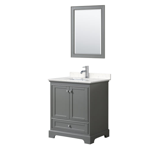 Wyndham Deborah 30 Inch Single Bathroom Vanity in Dark Gray, Light-Vein Carrara Cultured Marble Countertop, Undermount Square Sink, 24 Inch Mirror- Wyndham