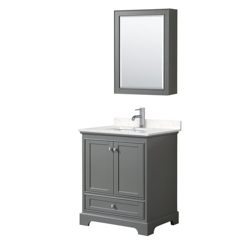 Wyndham Deborah 30 Inch Single Bathroom Vanity in Dark Gray, Light-Vein Carrara Cultured Marble Countertop, Undermount Square Sink, Medicine Cabinet- Wyndham
