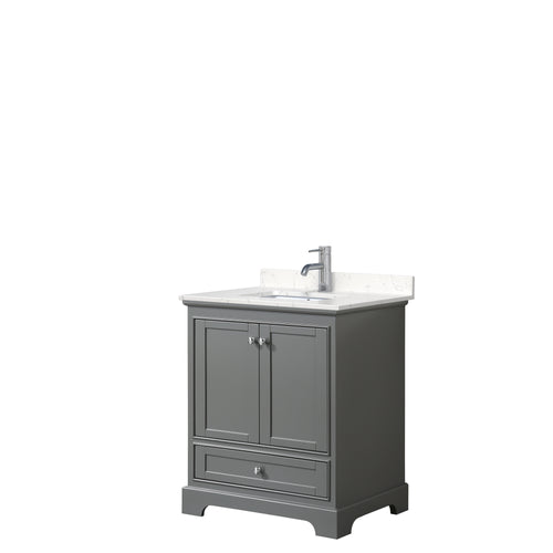Wyndham Deborah 30 Inch Single Bathroom Vanity in Dark Gray, Light-Vein Carrara Cultured Marble Countertop, Undermount Square Sink, No Mirror- Wyndham