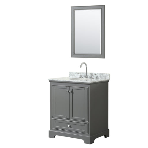 Wyndham Deborah 30 Inch Single Bathroom Vanity in Dark Gray, White Carrara Marble Countertop, Undermount Oval Sink, and 24 Inch Mirror- Wyndham