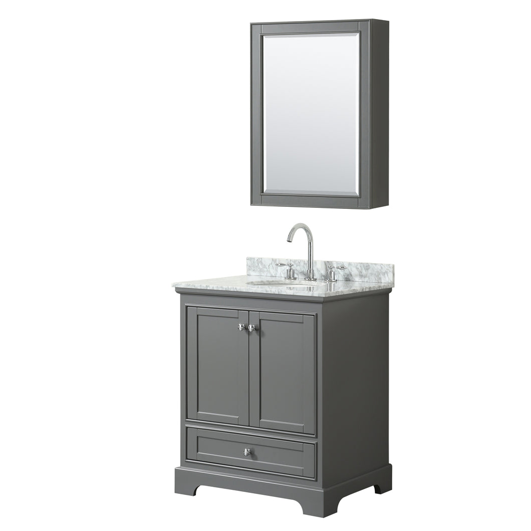 Wyndham Deborah 30 Inch Single Bathroom Vanity in Dark Gray, White Carrara Marble Countertop, Undermount Oval Sink, and Medicine Cabinet- Wyndham
