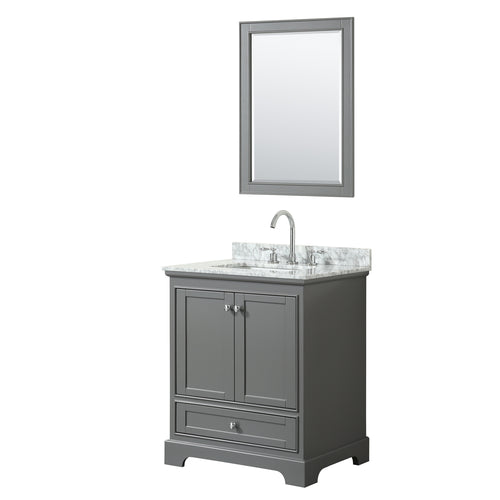 Wyndham Deborah 30 Inch Single Bathroom Vanity in Dark Gray, White Carrara Marble Countertop, Undermount Square Sink, and 24 Inch Mirror- Wyndham