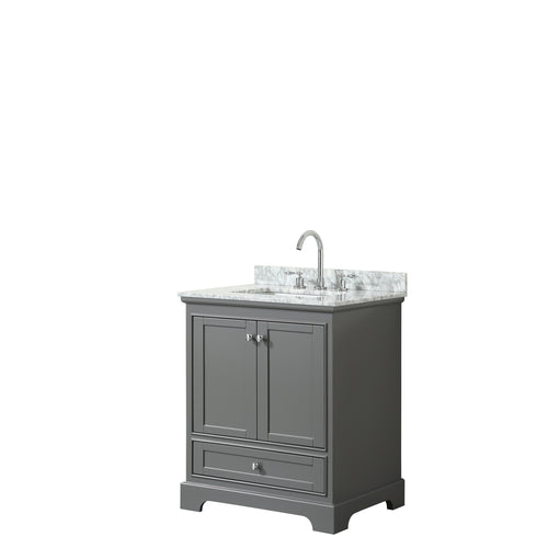 Wyndham Deborah 30 Inch Single Bathroom Vanity in Dark Gray, White Carrara Marble Countertop, Undermount Square Sink, and No Mirror- Wyndham