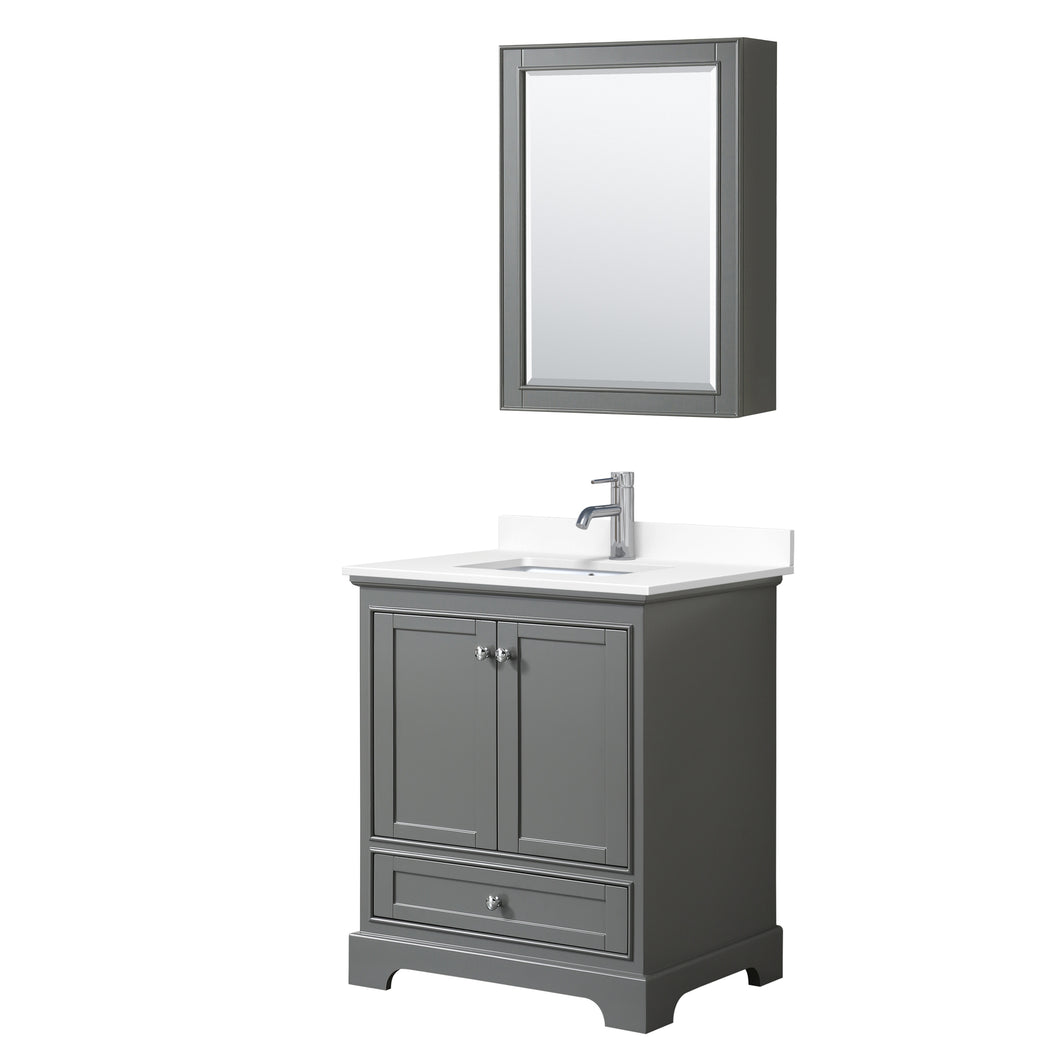 Wyndham Deborah 30 Inch Single Bathroom Vanity in Dark Gray, White Cultured Marble Countertop, Undermount Square Sink, Medicine Cabinet- Wyndham