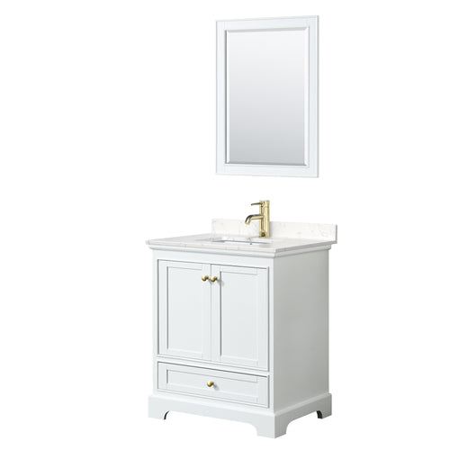 Wyndham Deborah 30 Inch Single Bathroom Vanity in White, Carrara Cultured Marble Countertop, Undermount Square Sink, Brushed Gold Trim, 24 Inch Mirror- Wyndham