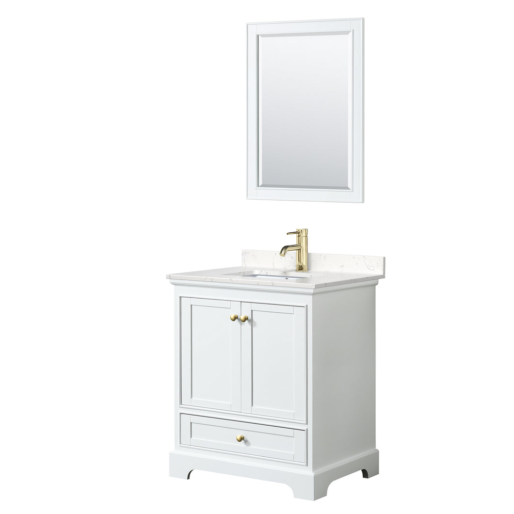 Wyndham Deborah 30 Inch Single Bathroom Vanity in White, Carrara Cultured Marble Countertop, Undermount Square Sink, Brushed Gold Trim, 24 Inch Mirror- Wyndham