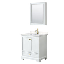 Load image into Gallery viewer, Wyndham Deborah 30 Inch Single Bathroom Vanity in White, Carrara Cultured Marble Countertop, Undermount Square Sink, Brushed Gold Trim, Medicine Cabinet- Wyndham
