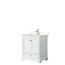 Load image into Gallery viewer, Wyndham Deborah 30 Inch Single Bathroom Vanity in White, Carrara Cultured Marble Countertop, Undermount Square Sink, Brushed Gold Trim, No Mirror- Wyndham