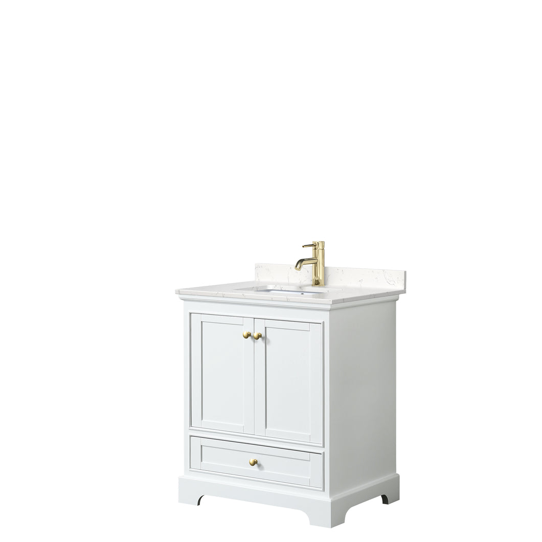 Wyndham Deborah 30 Inch Single Bathroom Vanity in White, Carrara Cultured Marble Countertop, Undermount Square Sink, Brushed Gold Trim, No Mirror- Wyndham