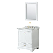 Load image into Gallery viewer, Wyndham Deborah 30 Inch Single Bathroom Vanity in White, White Carrara Marble Countertop, Undermount Oval Sink, Brushed Gold Trim, 24 Inch Mirror- Wyndham
