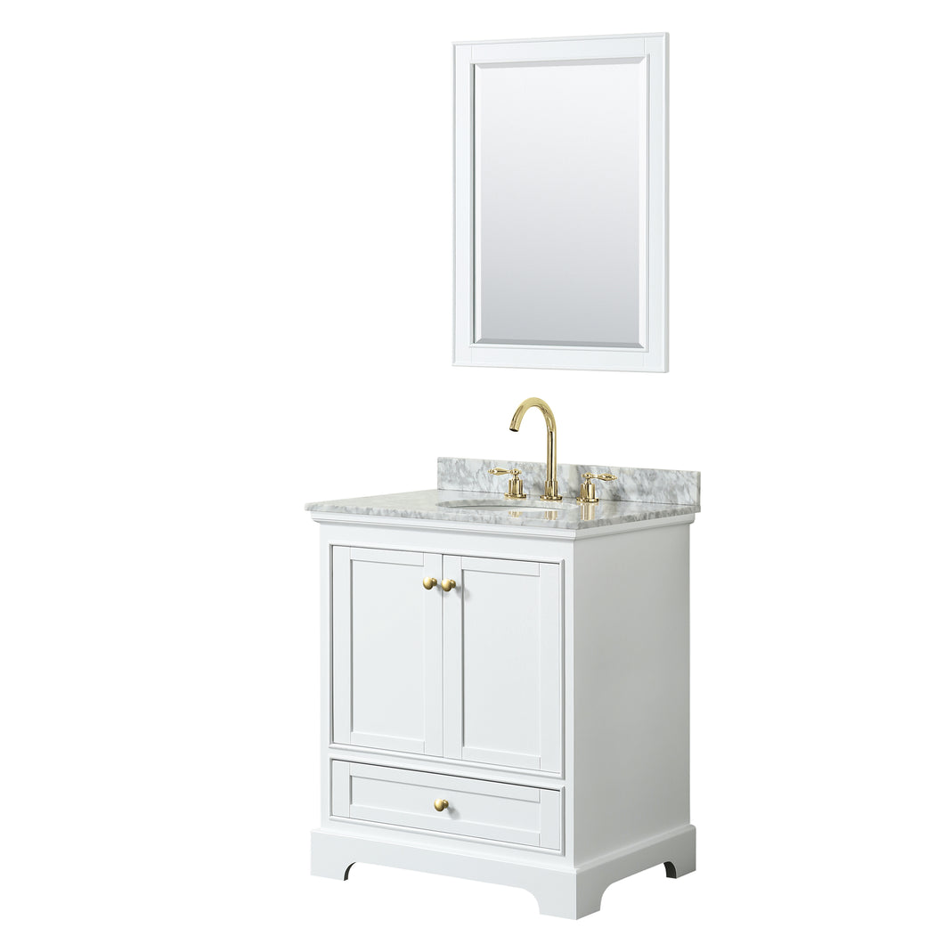 Wyndham Deborah 30 Inch Single Bathroom Vanity in White, White Carrara Marble Countertop, Undermount Oval Sink, Brushed Gold Trim, 24 Inch Mirror- Wyndham