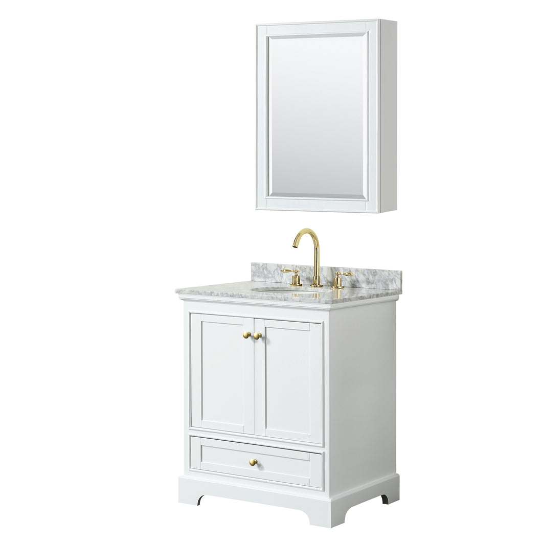 Wyndham Deborah 30 Inch Single Bathroom Vanity in White, White Carrara Marble Countertop, Undermount Oval Sink, Brushed Gold Trim, Medicine Cabinet- Wyndham