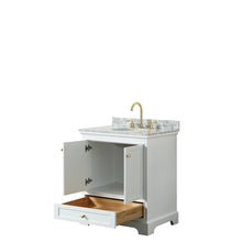 Load image into Gallery viewer, Wyndham Deborah 30 Inch Single Bathroom Vanity in White, White Carrara Marble Countertop, Undermount Oval Sink, Brushed Gold Trim, No Mirror- Wyndham