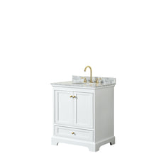 Load image into Gallery viewer, Wyndham Deborah 30 Inch Single Bathroom Vanity in White, White Carrara Marble Countertop, Undermount Oval Sink, Brushed Gold Trim, No Mirror- Wyndham
