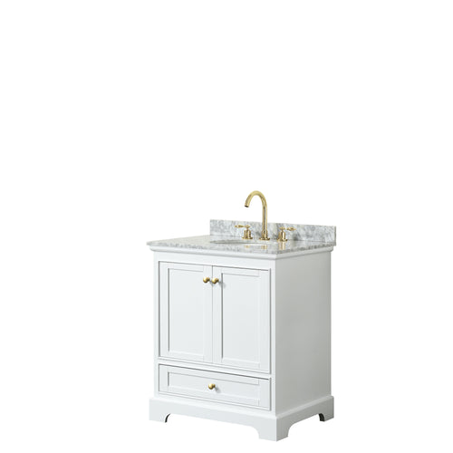 Wyndham Deborah 30 Inch Single Bathroom Vanity in White, White Carrara Marble Countertop, Undermount Oval Sink, Brushed Gold Trim, No Mirror- Wyndham