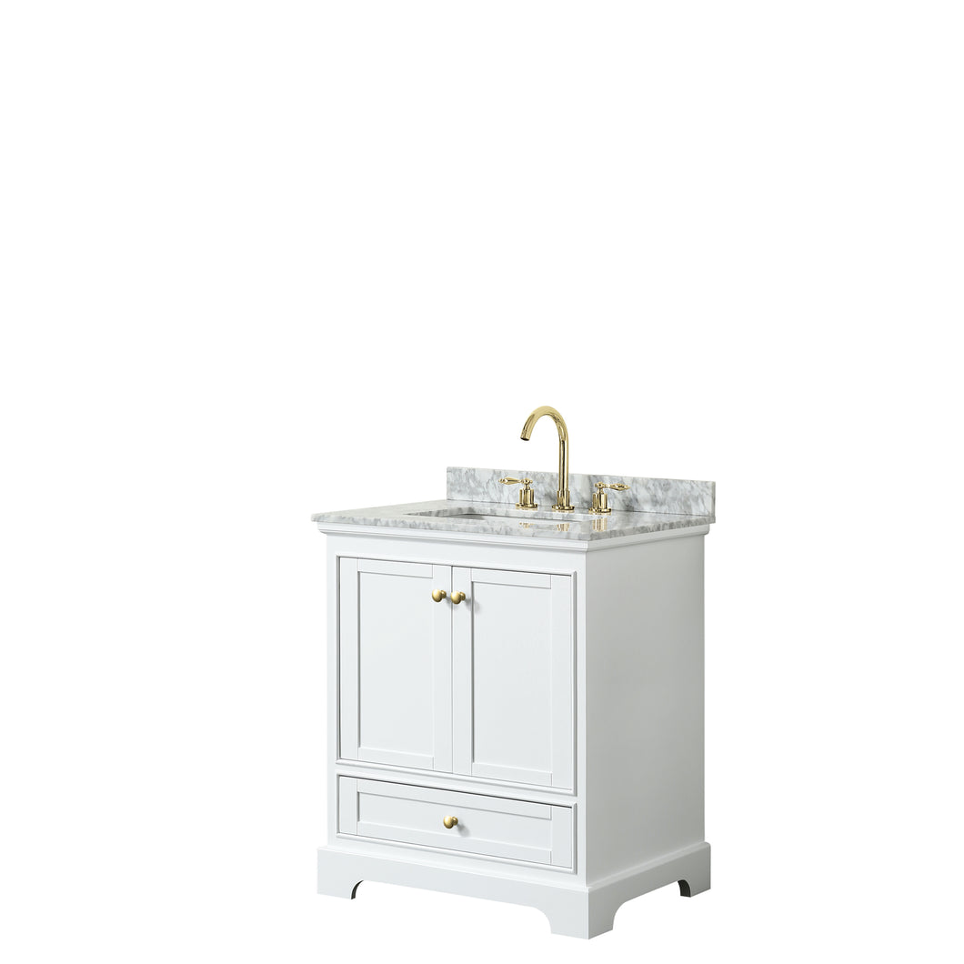Wyndham Deborah 30 Inch Single Bathroom Vanity in White, White Carrara Marble Countertop, Undermount Square Sink, Brushed Gold Trim, No Mirror- Wyndham