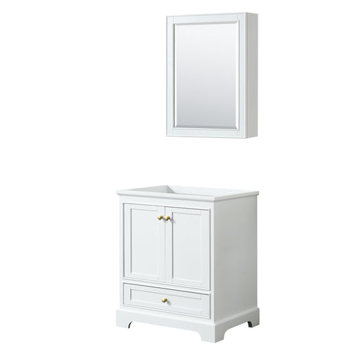 Wyndham Deborah 30 Inch Single Bathroom Vanity in White, No Countertop, No Sink, Brushed Gold Trim, Medicine Cabinet- Wyndham