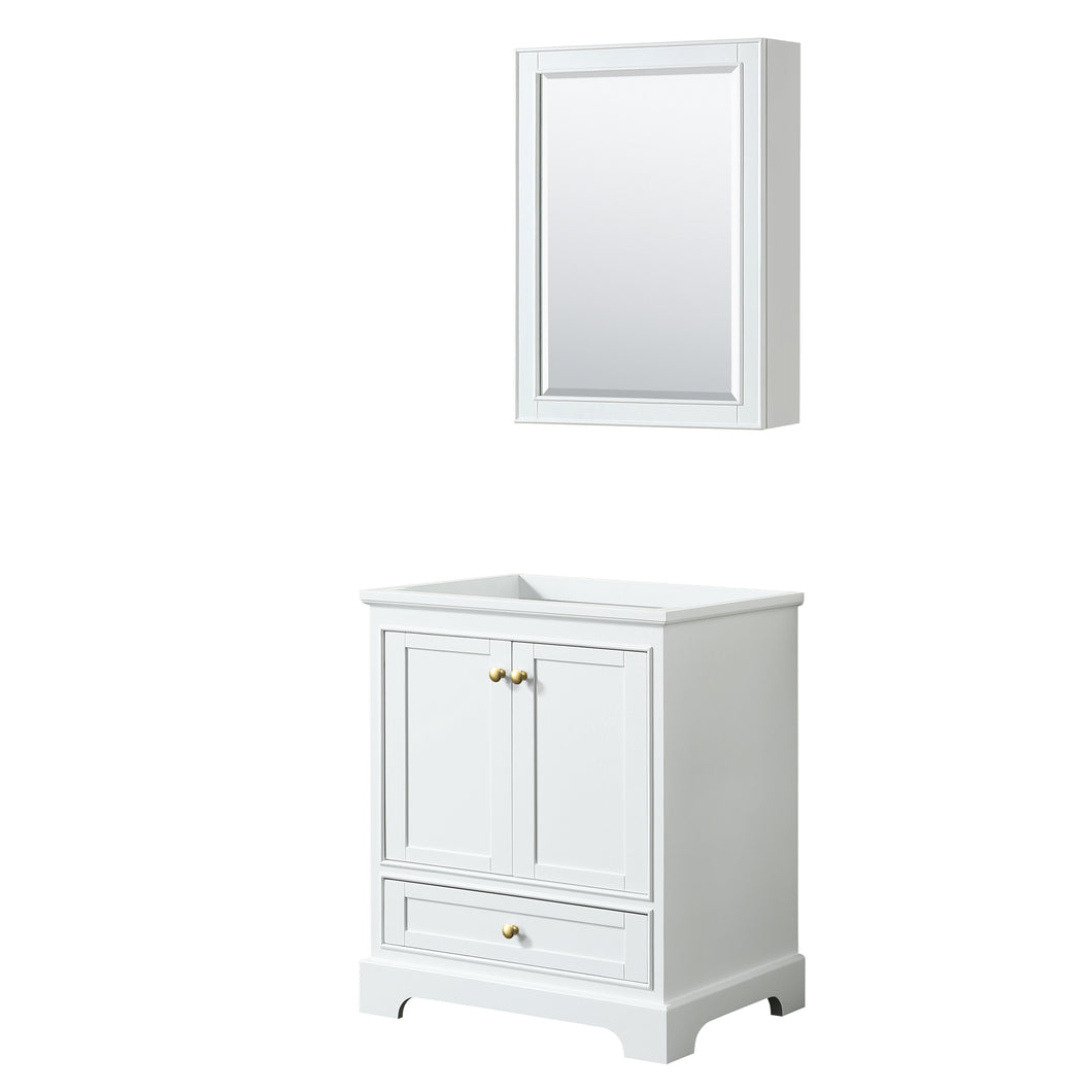 Wyndham Deborah 30 Inch Single Bathroom Vanity in White, No Countertop, No Sink, Brushed Gold Trim, Medicine Cabinet- Wyndham