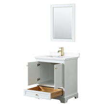 Load image into Gallery viewer, Wyndham Deborah 30 Inch Single Bathroom Vanity in White, White Cultured Marble Countertop, Undermount Square Sink, Brushed Gold Trim, 24 Inch Mirror- Wyndham