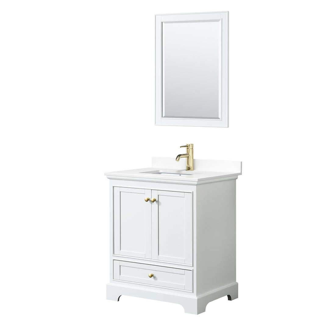 Wyndham Deborah 30 Inch Single Bathroom Vanity in White, White Cultured Marble Countertop, Undermount Square Sink, Brushed Gold Trim, 24 Inch Mirror- Wyndham