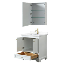 Load image into Gallery viewer, Wyndham Deborah 30 Inch Single Bathroom Vanity in White, White Cultured Marble Countertop, Undermount Square Sink, Brushed Gold Trim, Medicine Cabinet- Wyndham