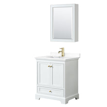 Load image into Gallery viewer, Wyndham Deborah 30 Inch Single Bathroom Vanity in White, White Cultured Marble Countertop, Undermount Square Sink, Brushed Gold Trim, Medicine Cabinet- Wyndham
