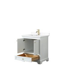 Load image into Gallery viewer, Wyndham Deborah 30 Inch Single Bathroom Vanity in White, White Cultured Marble Countertop, Undermount Square Sink, Brushed Gold Trim, No Mirror- Wyndham
