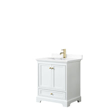 Load image into Gallery viewer, Wyndham Deborah 30 Inch Single Bathroom Vanity in White, White Cultured Marble Countertop, Undermount Square Sink, Brushed Gold Trim, No Mirror- Wyndham