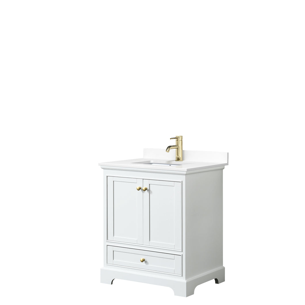 Wyndham Deborah 30 Inch Single Bathroom Vanity in White, White Cultured Marble Countertop, Undermount Square Sink, Brushed Gold Trim, No Mirror- Wyndham