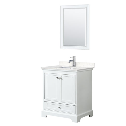 Wyndham Deborah 30 Inch Single Bathroom Vanity in White, Light-Vein Carrara Cultured Marble Countertop, Undermount Square Sink, 24 Inch Mirror- Wyndham
