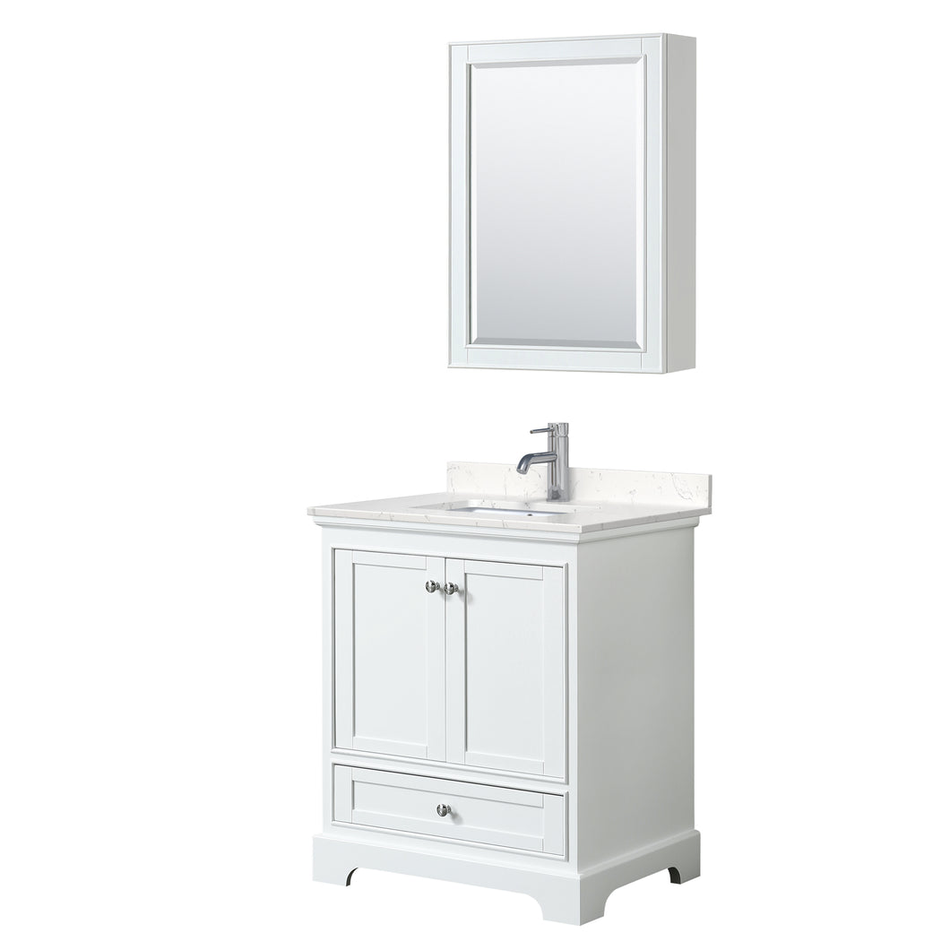 Wyndham Deborah 30 Inch Single Bathroom Vanity in White, Light-Vein Carrara Cultured Marble Countertop, Undermount Square Sink, Medicine Cabinet- Wyndham