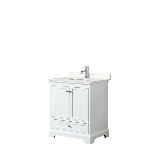 Wyndham Deborah 30 Inch Single Bathroom Vanity in White, Light-Vein Carrara Cultured Marble Countertop, Undermount Square Sink, No Mirror- Wyndham