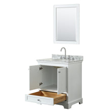 Load image into Gallery viewer, Wyndham Deborah 30 Inch Single Bathroom Vanity in White, White Carrara Marble Countertop, Undermount Oval Sink, and 24 Inch Mirror- Wyndham