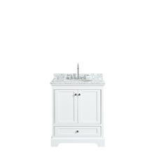 Load image into Gallery viewer, Wyndham Deborah 30 Inch Single Bathroom Vanity in White, White Carrara Marble Countertop, Undermount Oval Sink, and No Mirror- Wyndham