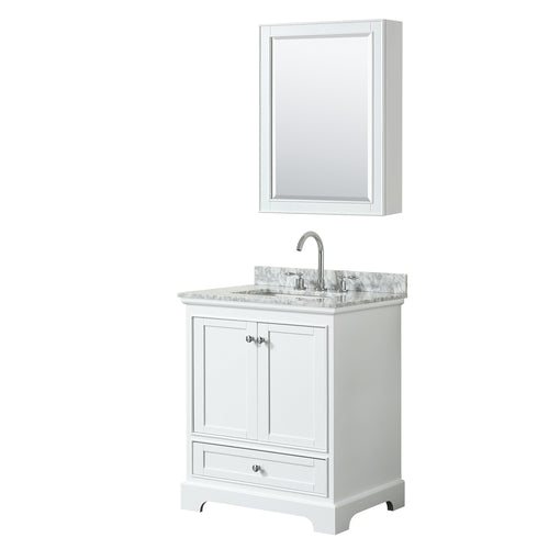 Wyndham Deborah 30 Inch Single Bathroom Vanity in White, White Carrara Marble Countertop, Undermount Square Sink, and Medicine Cabinet- Wyndham