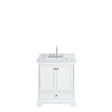 Load image into Gallery viewer, Wyndham Deborah 30 Inch Single Bathroom Vanity in White, White Carrara Marble Countertop, Undermount Square Sink, and No Mirror- Wyndham