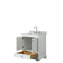 Load image into Gallery viewer, Wyndham Deborah 30 Inch Single Bathroom Vanity in White, White Carrara Marble Countertop, Undermount Square Sink, and No Mirror- Wyndham