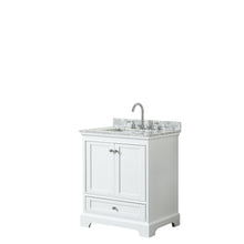 Load image into Gallery viewer, Wyndham Deborah 30 Inch Single Bathroom Vanity in White, White Carrara Marble Countertop, Undermount Square Sink, and No Mirror- Wyndham