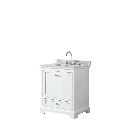 Wyndham Deborah 30 Inch Single Bathroom Vanity in White, White Carrara Marble Countertop, Undermount Square Sink, and No Mirror- Wyndham