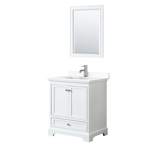 Wyndham Deborah 30 Inch Single Bathroom Vanity in White, White Cultured Marble Countertop, Undermount Square Sink, 24 Inch Mirror- Wyndham