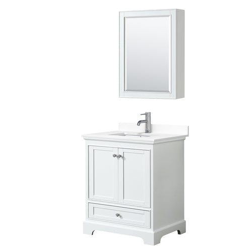 Wyndham Deborah 30 Inch Single Bathroom Vanity in White, White Cultured Marble Countertop, Undermount Square Sink, Medicine Cabinet- Wyndham