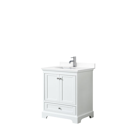 Wyndham Deborah 30 Inch Single Bathroom Vanity in White, White Cultured Marble Countertop, Undermount Square Sink, No Mirror- Wyndham