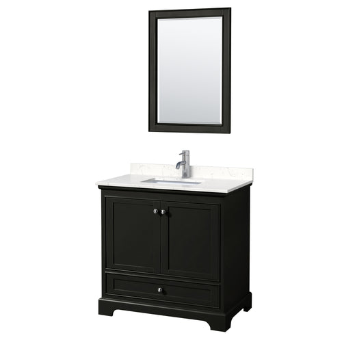 Wyndham Deborah 36 Inch Single Bathroom Vanity in Dark Espresso, Light-Vein Carrara Cultured Marble Countertop, Undermount Square Sink, 24 Inch Mirror- Wyndham