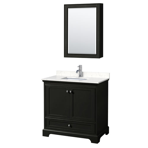 Wyndham Deborah 36 Inch Single Bathroom Vanity in Dark Espresso, Light-Vein Carrara Cultured Marble Countertop, Undermount Square Sink, Medicine Cabinet- Wyndham