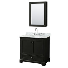 Load image into Gallery viewer, Wyndham Deborah 36 Inch Single Bathroom Vanity in Dark Espresso, White Carrara Marble Countertop, Undermount Oval Sink, and Medicine Cabinet- Wyndham