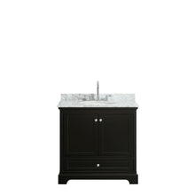 Load image into Gallery viewer, Wyndham Deborah 36 Inch Single Bathroom Vanity in Dark Espresso, White Carrara Marble Countertop, Undermount Oval Sink, and No Mirror- Wyndham