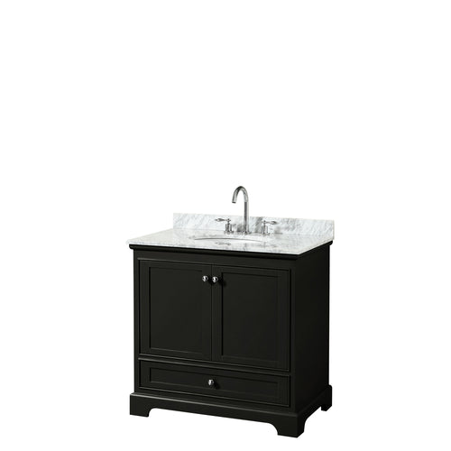 Wyndham Deborah 36 Inch Single Bathroom Vanity in Dark Espresso, White Carrara Marble Countertop, Undermount Oval Sink, and No Mirror- Wyndham